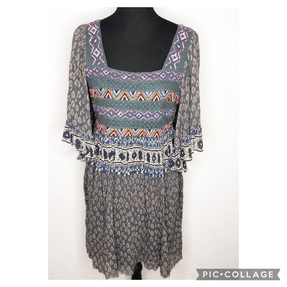 Free‎ People gray blue beaded peasant boho dress size Small